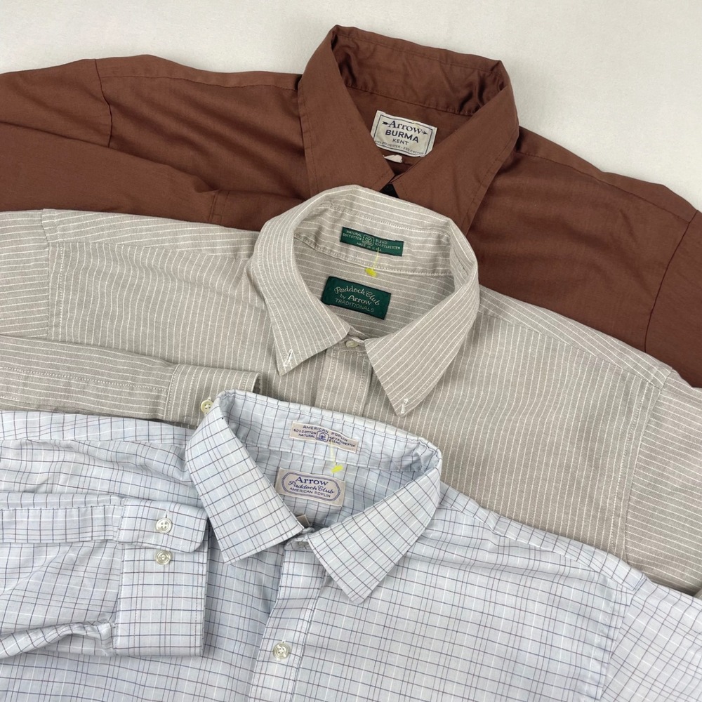 Vintage Arrow Mens Button Down Shirt Lot 3 Brown Pinstripe Check 17-33 USA Made